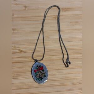 Vintage Holly Bells Pewter Pendant Necklace on Metal Chain Christmas Holidays